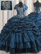 Pick Ups With Train Ball Gowns Sleeveless Navy Blue Quinceanera Gown Brush Train Lace Up