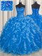 Sweetheart Sleeveless Quinceanera Gown Floor Length Beading and Ruffles Blue Organza