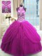 Sleeveless Tulle Floor Length Lace Up Vestidos de Quinceanera in Fuchsia with Beading