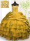 Strapless Sleeveless Organza and Taffeta 15 Quinceanera Dress Beading and Appliques and Ruffled Layers and Pick Ups Brush Train Lace Up  Strapless Sleeveless Organza and Taffeta 15 Quinceanera Dress Beading and Appliques and Ruffled Layers and Pick Ups Brush Train Lace Up