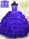 Modest Royal Blue Sleeveless With Train Beading and Appliques and Ruffled Layers and Pick Ups Lace Up Quinceanera Dresses