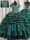 New Style Peacock Green Ball Gowns Taffeta Sweetheart Sleeveless Beading and Appliques and Pick Ups With Train Lace Up Sweet 16 Dress Brush Train
