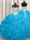 Wonderful Sweetheart Long Sleeves Lace Up Quince Ball Gowns Aqua Blue Organza