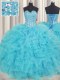 High Quality Visible Boning Baby Blue Sleeveless Organza Lace Up Quince Ball Gowns for Military Ball and Sweet 16 and Quinceanera