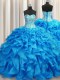 Elegant Visible Boning Baby Blue Sleeveless Beading and Ruffles Lace Up Quinceanera Gowns