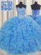 Stunning Visible Boning Baby Blue Sleeveless Floor Length Beading and Ruffles and Sashes ribbons Lace Up Ball Gown Prom Dress