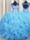 Artistic V Neck Baby Blue Zipper Quinceanera Dress Beading and Appliques and Ruffles Sleeveless Floor Length