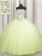 Big Puffy Sleeveless Floor Length Beading and Sequins Lace Up 15th Birthday Dress with Light Yellow