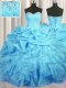 Floor Length Baby Blue Quinceanera Gowns Organza Sleeveless Beading and Ruffles and Ruching and Pick Ups