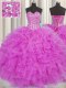 Visible Boning Organza Sweetheart Sleeveless Lace Up Beading and Ruffles Ball Gown Prom Dress in Fuchsia