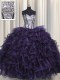 Visible Boning Purple Sleeveless Ruffles and Sequins Floor Length Quinceanera Gown