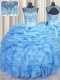 Sumptuous See Through Light Blue Organza Lace Up 15 Quinceanera Dress Sleeveless Floor Length Beading and Ruffles and Pick Ups