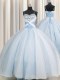 Spaghetti Straps Beading and Ruching Quince Ball Gowns Light Blue Lace Up Sleeveless Floor Length