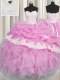 Shining Sleeveless Organza Floor Length Lace Up Vestidos de Quinceanera in Pink with Beading and Appliques and Ruffles and Pick Ups
