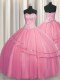 Ideal Visible Boning Big Puffy Sweetheart Sleeveless Lace Up Vestidos de Quinceanera Rose Pink Tulle