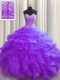 Most Popular Visible Boning Purple Sleeveless Organza Lace Up Sweet 16 Quinceanera Dress for Military Ball and Sweet 16 and Quinceanera