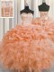 Visible Boning Orange Organza Lace Up Sweetheart Sleeveless Floor Length 15th Birthday Dress Beading and Ruffles and Pick Ups