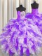 White And Purple Organza Lace Up Sweetheart Sleeveless Floor Length Sweet 16 Dress Beading and Ruffles and Ruching