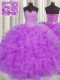 Customized Visible Boning Purple Organza Lace Up Sweetheart Sleeveless Floor Length Ball Gown Prom Dress Beading and Ruffles and Sashes ribbons