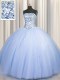 Amazing Big Puffy Blue Ball Gowns Strapless Sleeveless Tulle Floor Length Lace Up Beading and Sequins Ball Gown Prom Dress