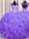 V Neck Lavender Ball Gowns Beading and Appliques and Ruffles Quince Ball Gowns Backless Organza Sleeveless Floor Length