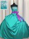 Strapless Sleeveless Quince Ball Gowns Floor Length Beading and Ruching and Bowknot Turquoise Taffeta