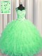 Custom Fit See Through Zipper Up Apple Green Straps Neckline Beading and Ruffles 15th Birthday Dress Sleeveless Zipper