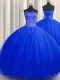 Smart Puffy Skirt Sweetheart Sleeveless 15th Birthday Dress Floor Length Beading Royal Blue Tulle