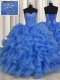 Top Selling Blue Sweetheart Lace Up Beading and Ruffles Ball Gown Prom Dress Sleeveless