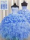 Visible Boning Blue Organza Lace Up Sweetheart Sleeveless Floor Length Ball Gown Prom Dress Beading and Ruffles and Pick Ups