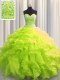 Visible Boning Sweetheart Sleeveless Quinceanera Dress Floor Length Beading and Ruffles Yellow Green Organza
