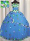 Floor Length Lace Up Ball Gown Prom Dress Blue for Military Ball and Sweet 16 and Quinceanera with Hand Made Flower