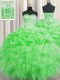 Attractive Visible Boning Floor Length Green Sweet 16 Dress Organza Sleeveless Beading and Ruffles and Pick Ups