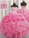 Noble Visible Boning Organza Sweetheart Sleeveless Lace Up Beading and Ruffles and Pick Ups Sweet 16 Dress in Rose Pink
