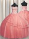 Visible Boning Puffy Skirt Ball Gowns Quinceanera Dress Watermelon Red Sweetheart Tulle Sleeveless Floor Length Lace Up