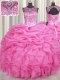 Edgy See Through Ball Gowns 15 Quinceanera Dress Rose Pink Scoop Organza Sleeveless Floor Length Lace Up