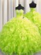 Yellow Green Organza Lace Up Quinceanera Dresses Long Sleeves Brush Train Beading and Ruffles