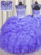 Delicate See Through Lavender Lace Up Quince Ball Gowns Beading and Ruffles and Pick Ups Sleeveless Floor Length