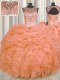 Luxurious See Through Sleeveless Floor Length Beading and Ruffles and Pick Ups Lace Up 15 Quinceanera Dress with Orange