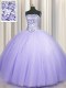 Popular Puffy Skirt Sleeveless Floor Length Beading and Sequins Lace Up Sweet 16 Quinceanera Dress with Lavender