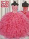 Designer Visible Boning Sleeveless Organza Floor Length Lace Up Vestidos de Quinceanera in Coral Red with Beading and Ruffles
