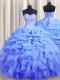 Blue Organza Lace Up Vestidos de Quinceanera Sleeveless Floor Length Beading and Ruffles and Pick Ups