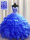 Visible Boning Sleeveless Organza Floor Length Lace Up Sweet 16 Dress in Royal Blue with Beading and Ruffles