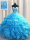 Dramatic Visible Boning Baby Blue Sleeveless Organza Lace Up Quinceanera Gown for Military Ball and Sweet 16 and Quinceanera