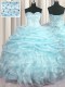 Light Blue Organza Lace Up Sweetheart Sleeveless With Train 15th Birthday Dress Brush Train Beading and Ruffles and Pick Ups