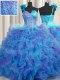 Sexy One Shoulder Handcrafted Flower Multi-color Ball Gowns Beading and Ruffles and Hand Made Flower Vestidos de Quinceanera Lace Up Tulle Sleeveless Floor Length