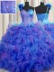 One Shoulder Handcrafted Flower Sleeveless Floor Length Beading and Ruffles and Hand Made Flower Lace Up Sweet 16 Quinceanera Dress with Multi-color