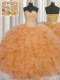 Visible Boning Orange Ball Gowns Organza Sweetheart Sleeveless Beading and Ruffles and Sashes ribbons Floor Length Lace Up Ball Gown Prom Dress