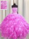Visible Boning Beading and Ruffles Quinceanera Gowns Rose Pink Lace Up Sleeveless Floor Length