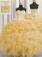 Visible Boning Sweetheart Sleeveless Ball Gown Prom Dress Floor Length Beading and Ruffles and Pick Ups Gold Organza